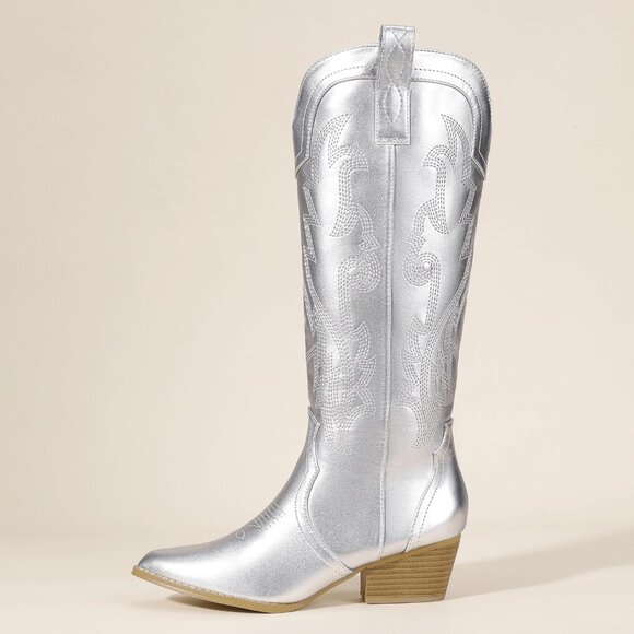 Women's Silver Cowgirl Knee High Western Boot Chunky Low Pointed Toe Booties - Picture 5 of 6